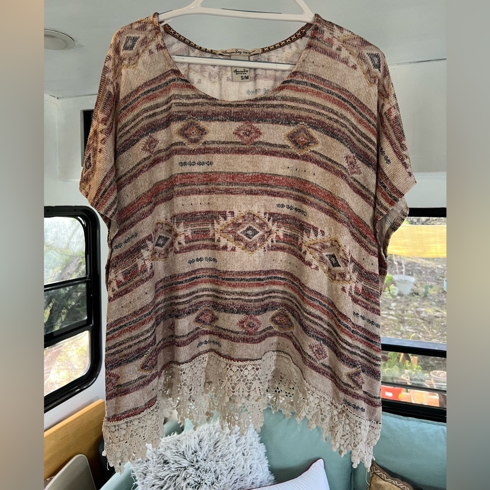 American Rag Knit Poncho Shirt with Lace (size: S/M)